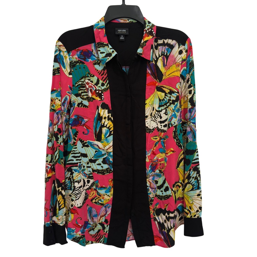 Nicole Miller Blouse Pink Black Butterfly Print Rayon Long Sleeve Fairycore M